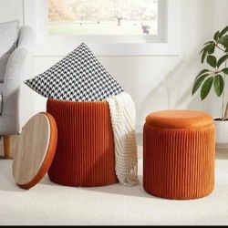 Round Ottoman with Storage Set of 2,Vanity Stool with Storage for Bedroom, Ottoman Coffee Table,Small Velvet Foot Stool for Living Room, Orange