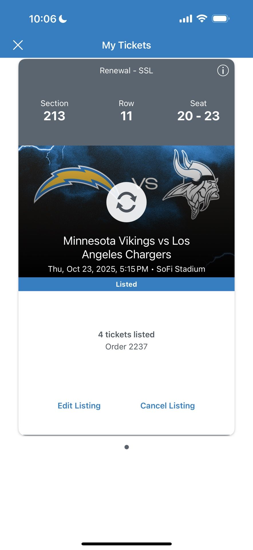 4 Premier Seats With tailgate Parking Minnesota Vikings Vs Chargers