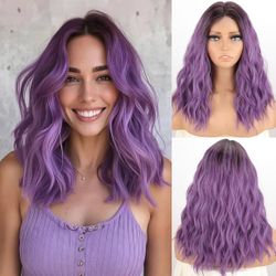 MISSQUEEN Short Ombre Purple Wavy Wig for Women Lace Hairline Short Bob Style Synthetic Heat-resistant Natural Realistic Wig for Everyday Hairstyle Co