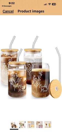 Layhit 4 Pcs Bridesmaid Gifts Bridesmaid Proposal Gifts 16 oz Glass Cups 16 oz Can Shaped Drinking Glasses with Bamboo Lids and Glass Straw, Iced Coff