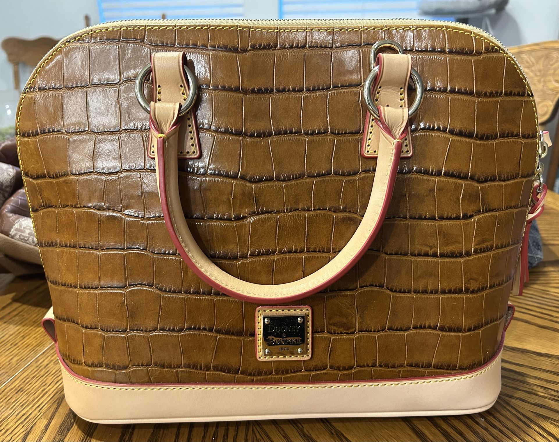 Dooney & Bourke Satchel Purse Bag Croc Embossed Leather Handbag 2 Tone Brown