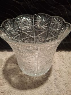 BRILLIANT Cut Glass VASE HOBSTAR 9.75” VINTAGE Clear Sawtooth Large