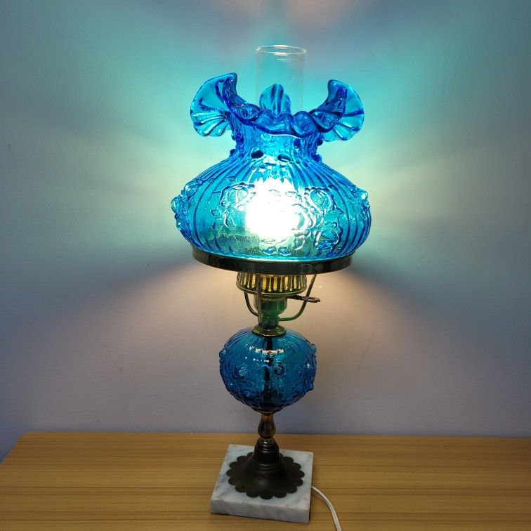 Fenton Cabbage Rose Lamp Blue Colonial Student Table Marble Base