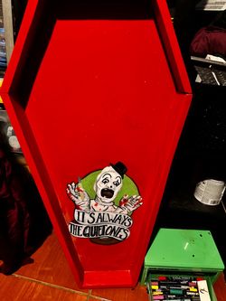 Hand painted custom terrified coffin dartboard rack
