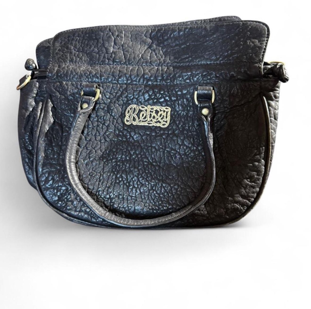 Betsey Johnson Black Pebbled Leather Satchel Bag Gold Logo