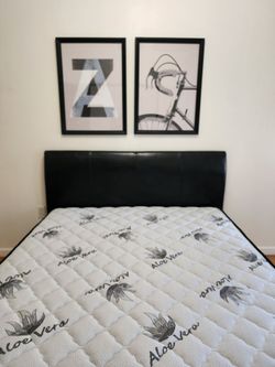 Modern Black Faux Leather Bed + Plush Aloe Vera Mattress + Matching Wall Art