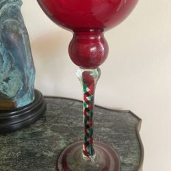 Red Green Clear Handblown Polish Crystal Tall Art Glass Candle Holders/Goblets