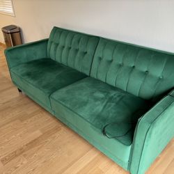 Emerald Green Velvet Mid-Century Modern Sofa