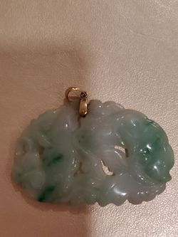 Vintage-Style Carved Green & White Jade Pendant with Gold-Tone Bail — $350