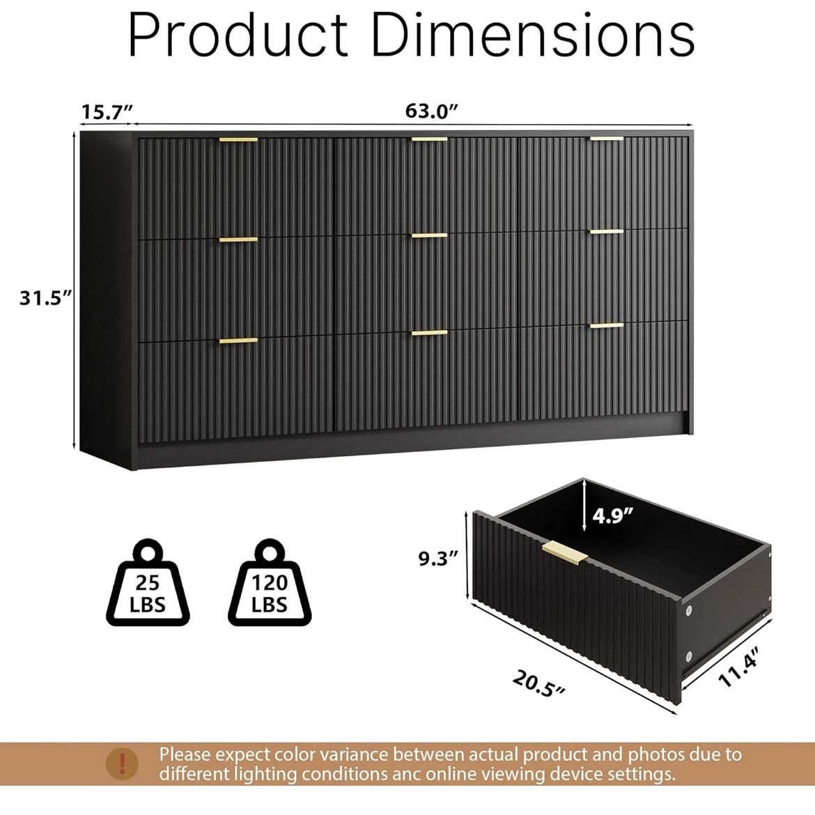 Black 9 Drawer Dresser for Bedroom, 63 Wide Modern Fluted Dresser with Gold Metal Handles, Chest Black 9 Drawer Dresser for Bedroom, 63 Wide Modern Fluted Dresser with Gold Metal Handles, Chest