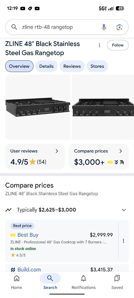 Z Line 48" Black Steel Gas Rangetop Stove New