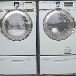 Deep Cleaned Samsung Front-Loading Washer And Electric Dryer  With Pedestals 