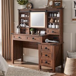48" Farmhouse Makeup Desk with HD Sliding Mirror & Lights, Modern Large Lighted Vanity Table with 7 Drawers & Shelves