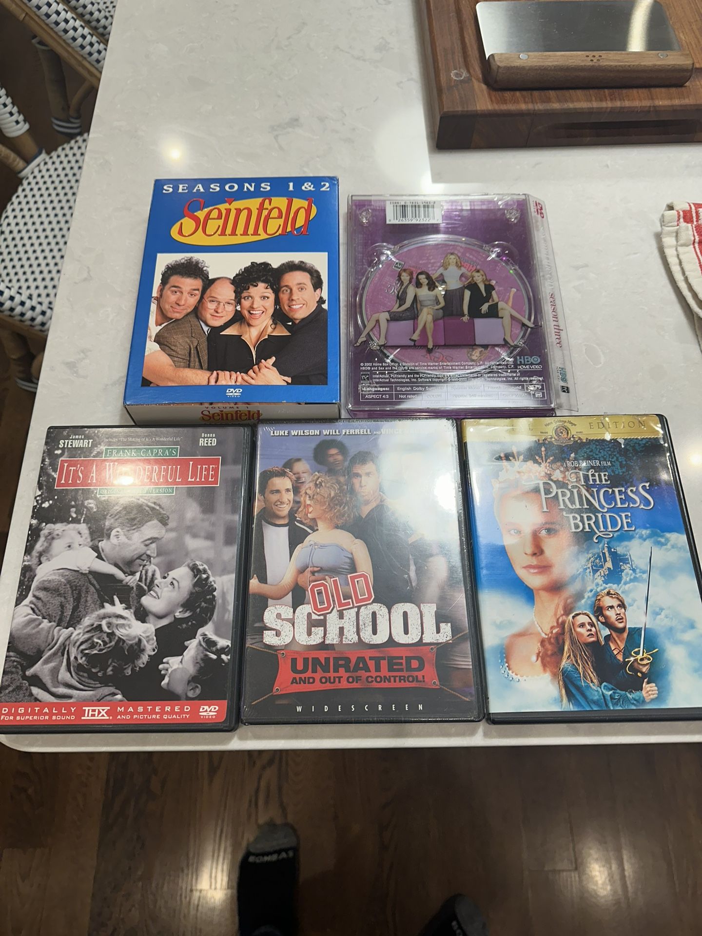 DVDs (Seinfeld, Sex And The City, Princess Bride, Old School, It’s A Wonderful life