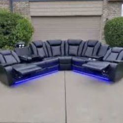 Power Electric Black Leather Fully Reclining Sectional Couch 