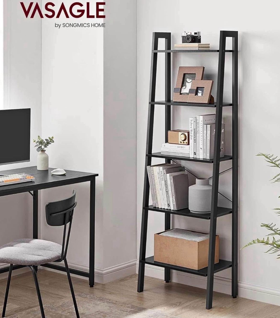 Ladder Shelf, 5-Tier Bookshelf, Storage Rack, Bookcase with Steel Frame, for Living Room, Home Office, Kitchen, Bedroom, Industrial Style,