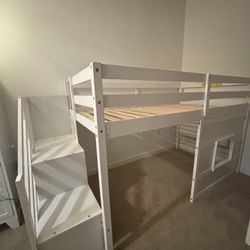 Wooden White Twin Loft Bed with Storage Underneath   