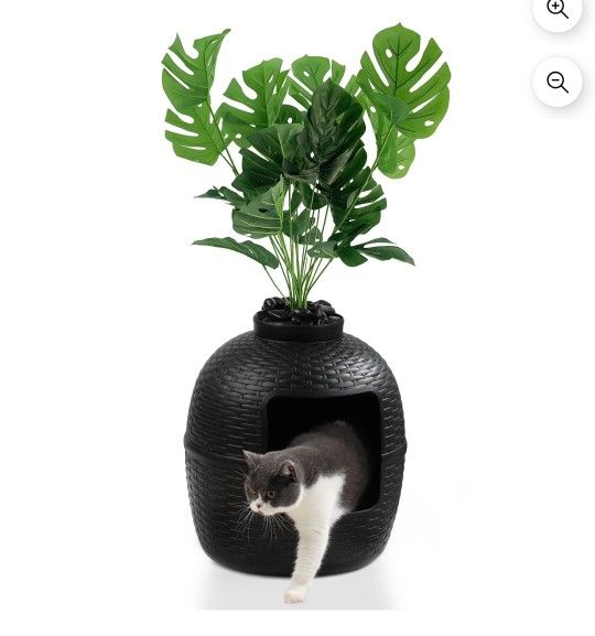 Plant Hidden Cat Litter Box Plastic Rattan DIY Home Decor, Black