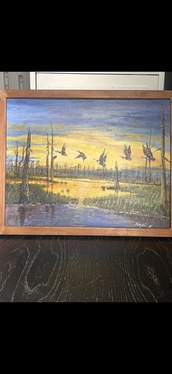 Framed Landscape Painting – Birds at Sunset