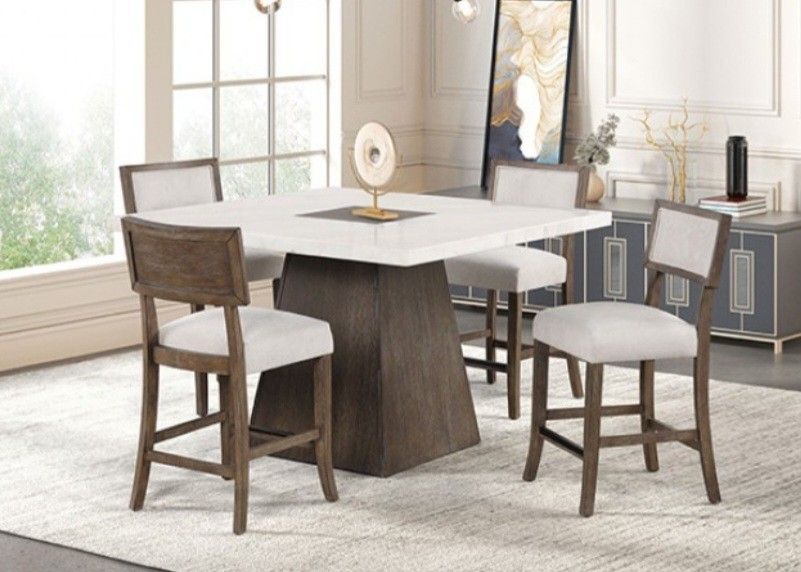 Brand New Dark Walnut & Light Gray 5pc Counter Height Dining Table Set w Marble Top