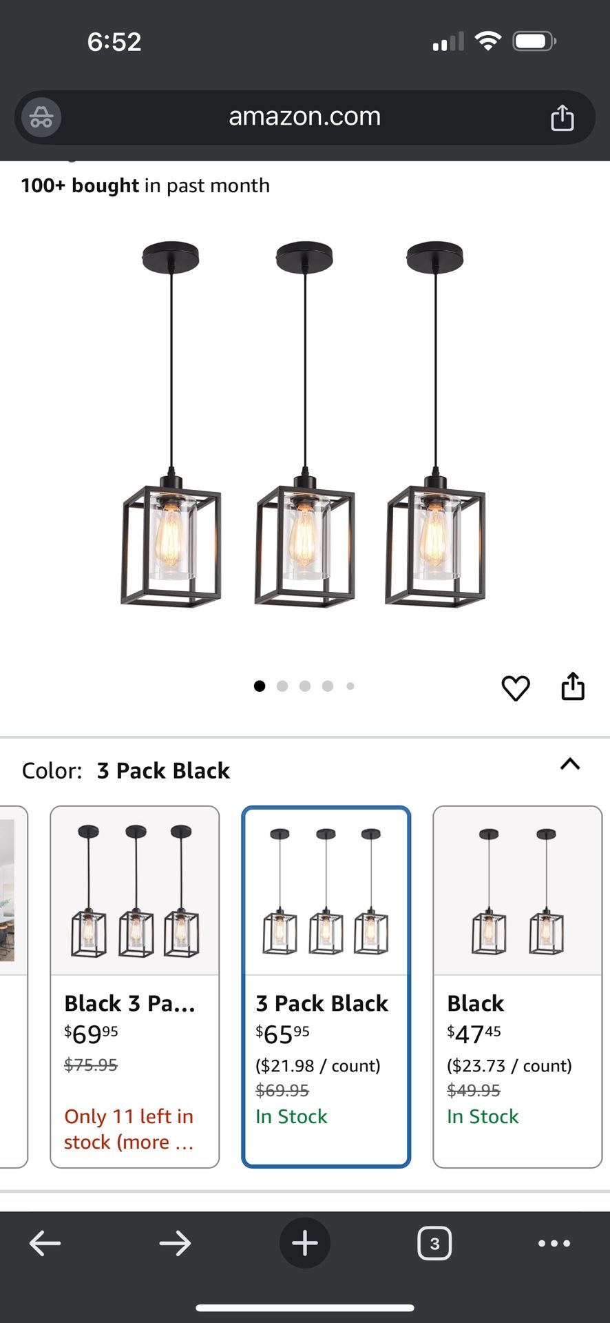 3 Pack Black Pendant Lights for Kitchen Island Industrial Lantern Pendant Light
