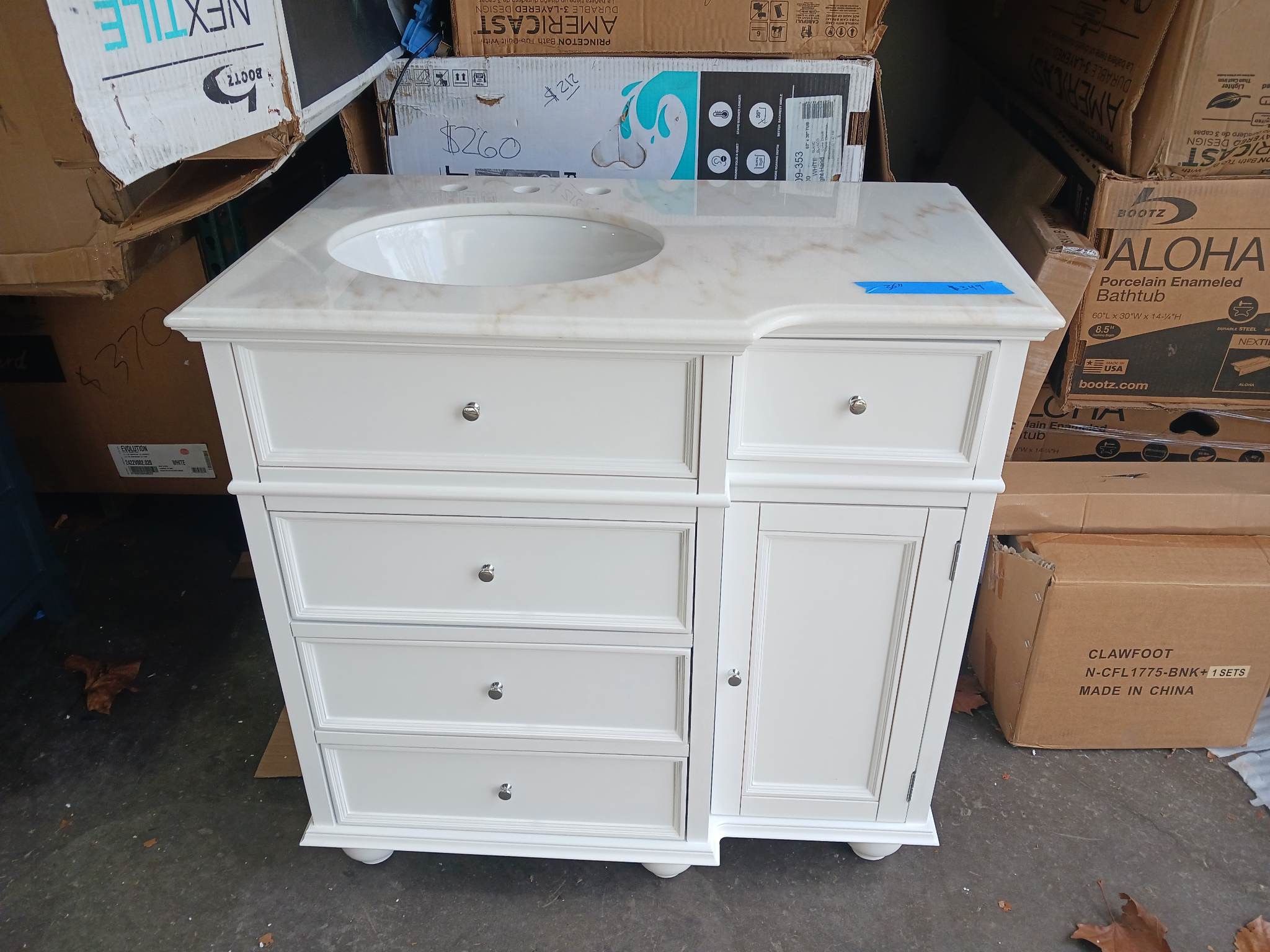 Home Decorators Collection Hampton Harbor 36 in. Vanity in Dove Grey with Natural Marble Vanity Top in White with White Sink 1 available  $349