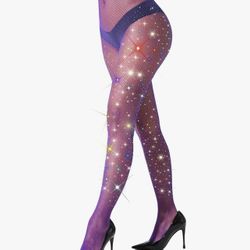 Purple High Waist Tights Sparkle Rhinestone Fishnets Party Rhinestone Mesh Stockings