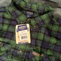 Smith's Work Wear Shirt Men XL Green Blue Plaid Flannel Long Sleeve Button Down