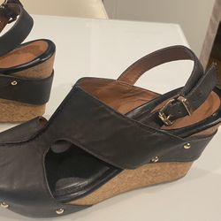 Kenneth Cole Reactions Cork Wedge And Black Leather Shoes Size 9 1/2 Medium