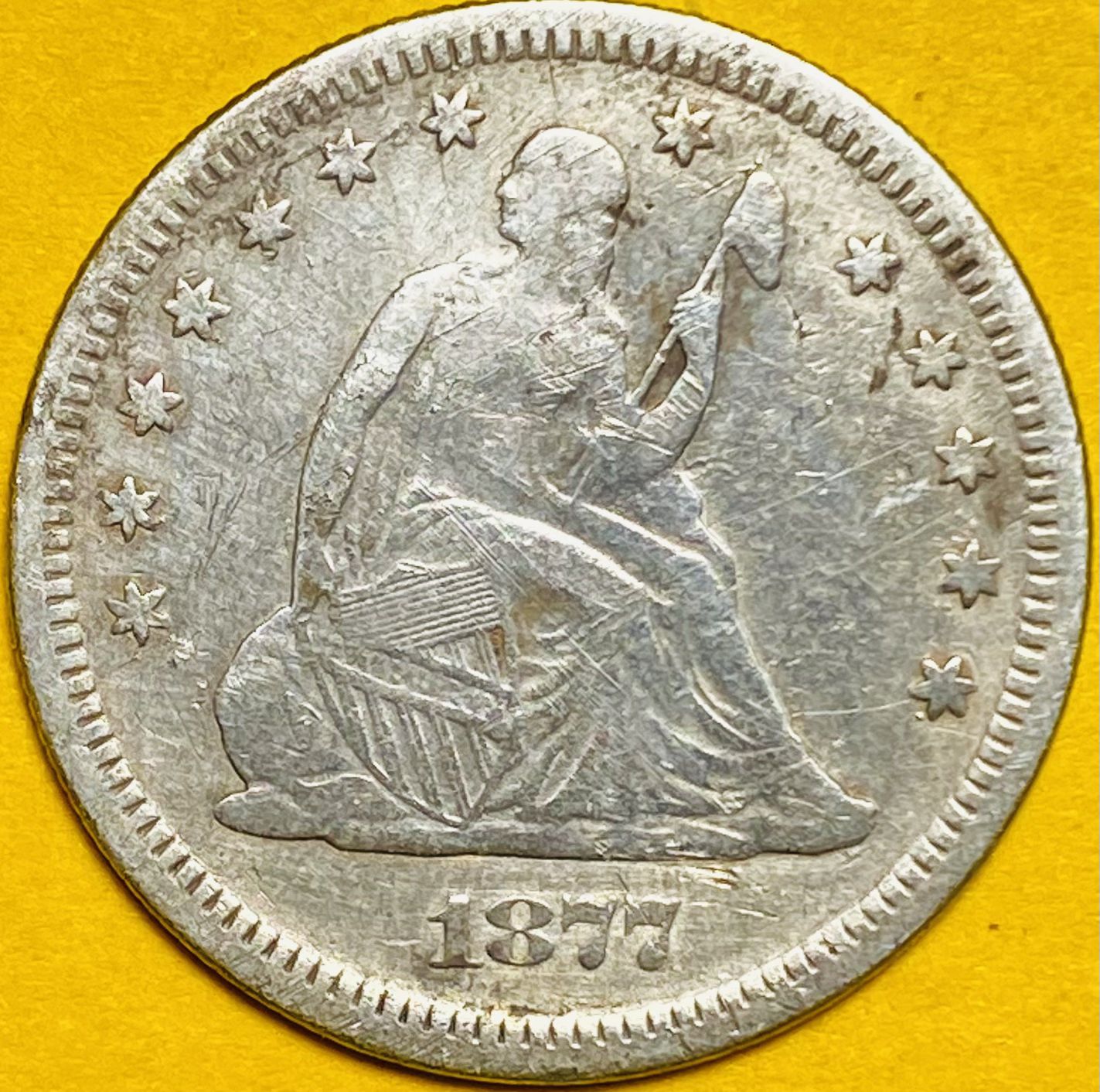 1877-S U.S. SEATED LIBERTY SILVER QUARTER 25c COIN (VF-Very Fine)