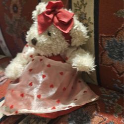 VALENTINESDAY RUSS " CLAUDETTE"  FUZZY TEDDY BEAR W/MULTIPLE RED HEARTS  DRESS  STUFFED  PLUSH  