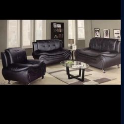 Black Leather Modern Style Three Piece Couch Set 