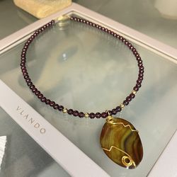 1/20 14k Gold Plated Garnet Beads Necklace With Agate Pendant