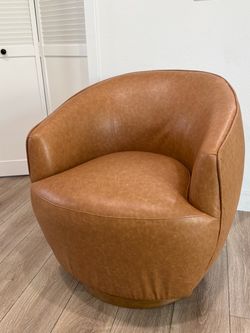Tan Leather Barrel Swivel Accent Chair