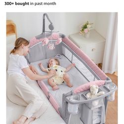 Baby Bassinet Bedside Crib, Pack and Play with Mattress, Diaper Changer and Playards from Newborn to Toddles, Pink