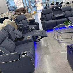 Gray Power Recliner Sofa With LED And Cup Holder 