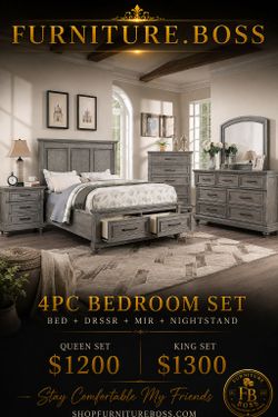 Grey Wooden Queen Bed + Dresser + Mirror + Nightstand $1200