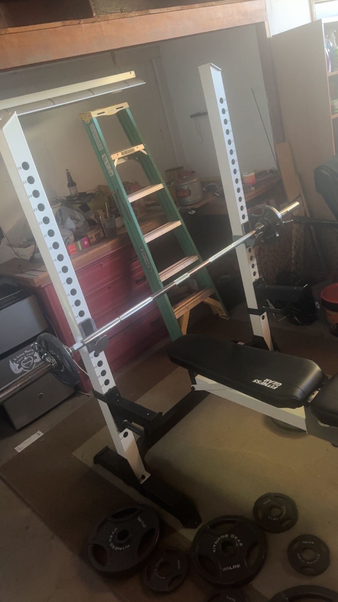 Weight Bench and Squat Rack With Barbell And 300 Pounds 