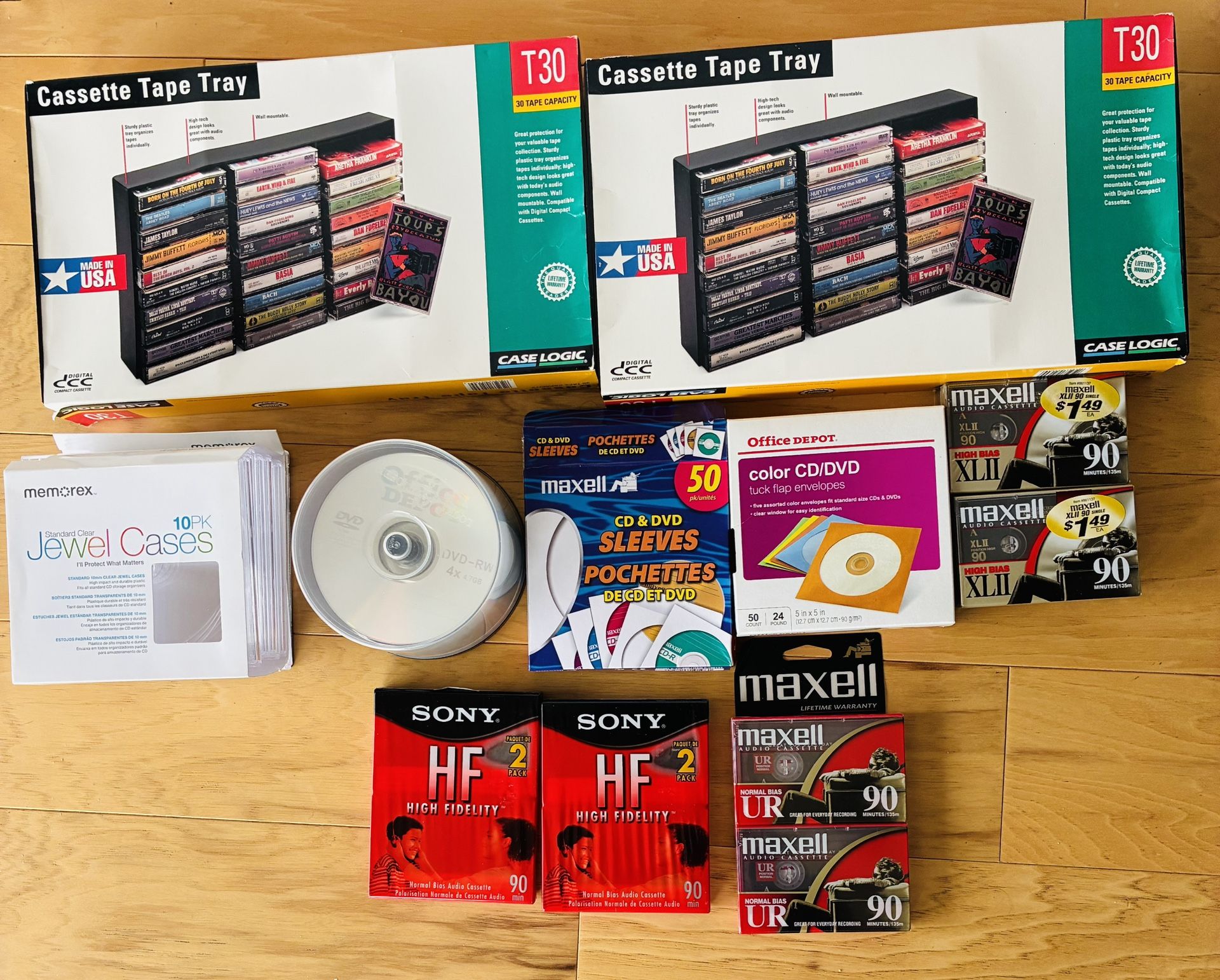 Cassette Trays(4), Cassettes(10),CD/Disc Cases(11), CD/DVD’s(30), Colored & White CD/DVD’s Sleeves(2 Boxes)