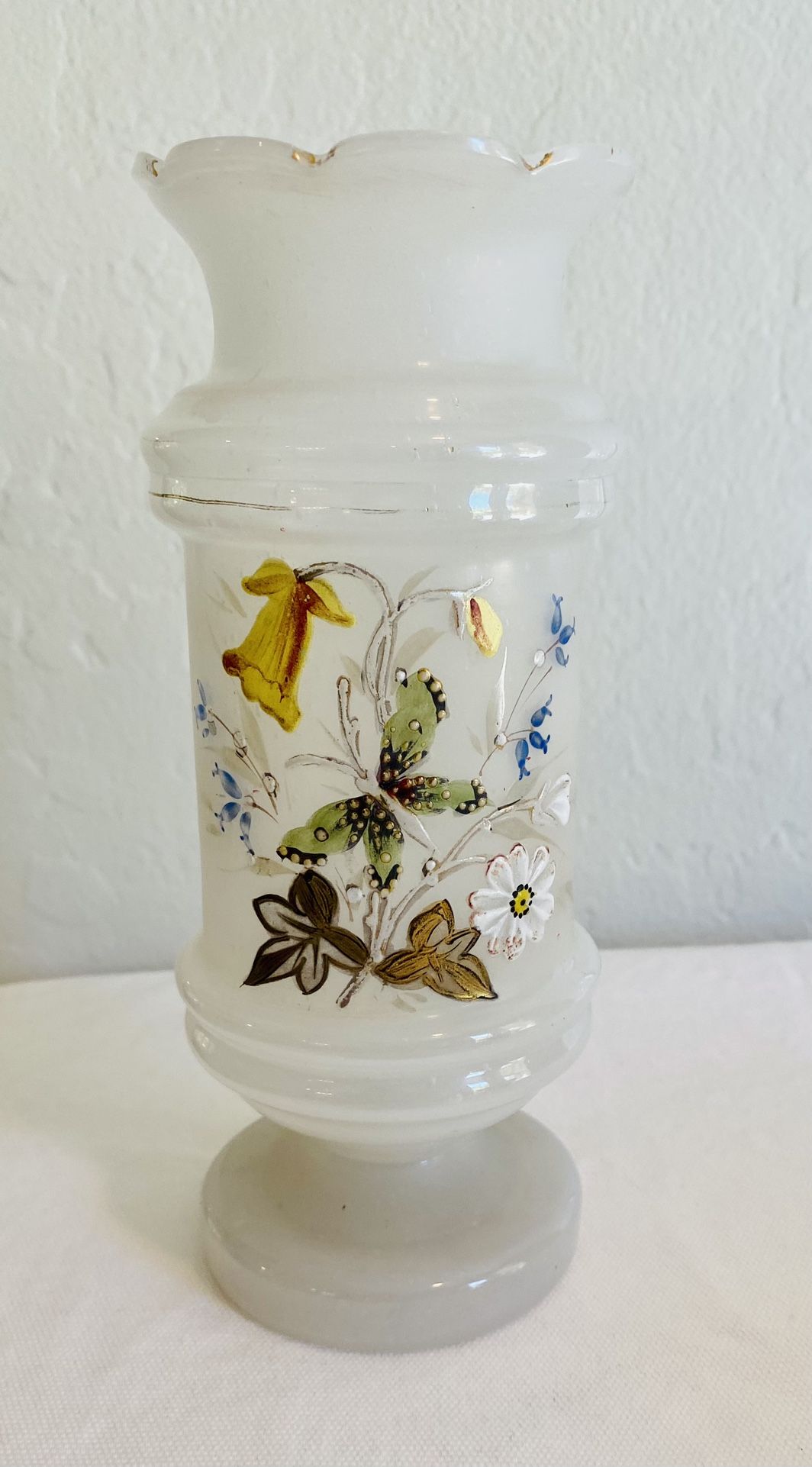 Vintage Antique Bristol Frosted Art Glass Vase Ruffled Edges White Blue Flowers, granny chic, cottag