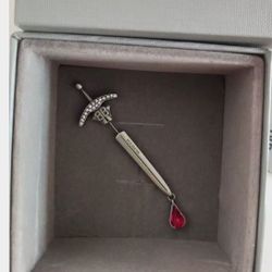 Aged Silver Brass and Red Rhinestone Sword Brass Earrings Mens