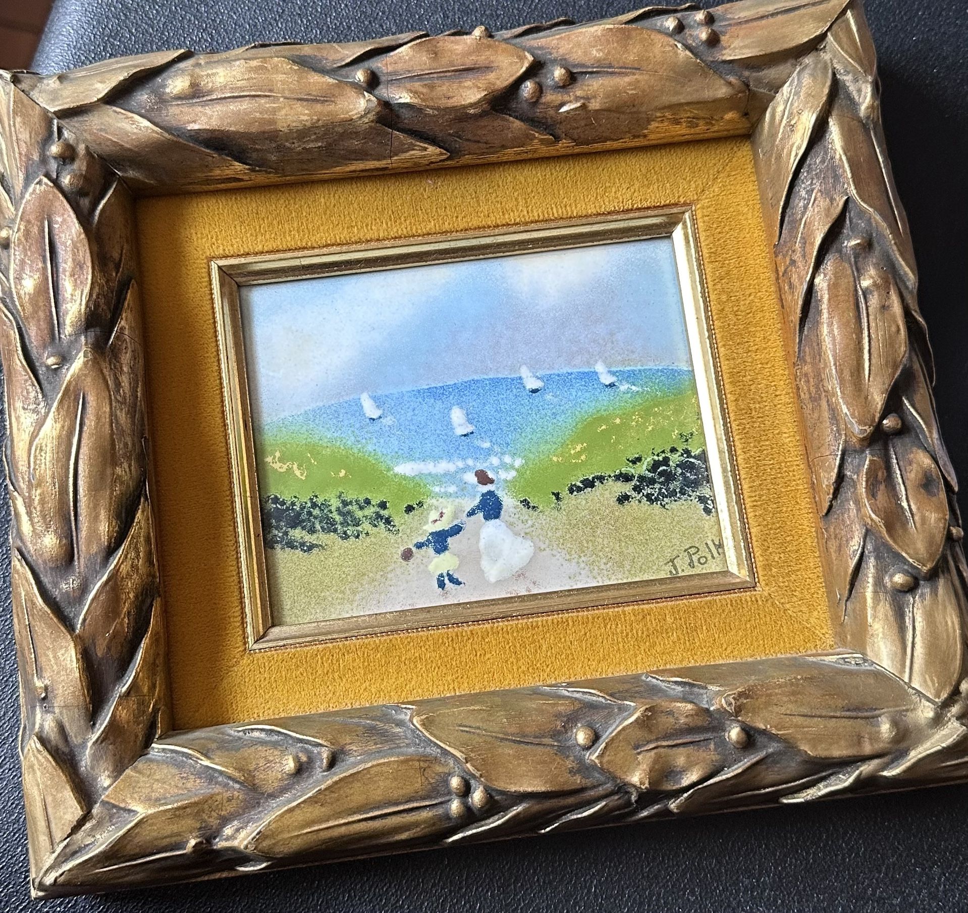 Vintage framed art J Polk folk art Seascape ocean sailboats woman child painting copper enamel
