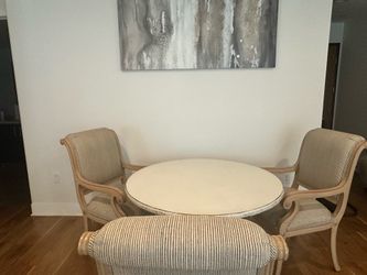 French Country Round Dining Set – 3 Upholstered Chairs – Distressed Finish