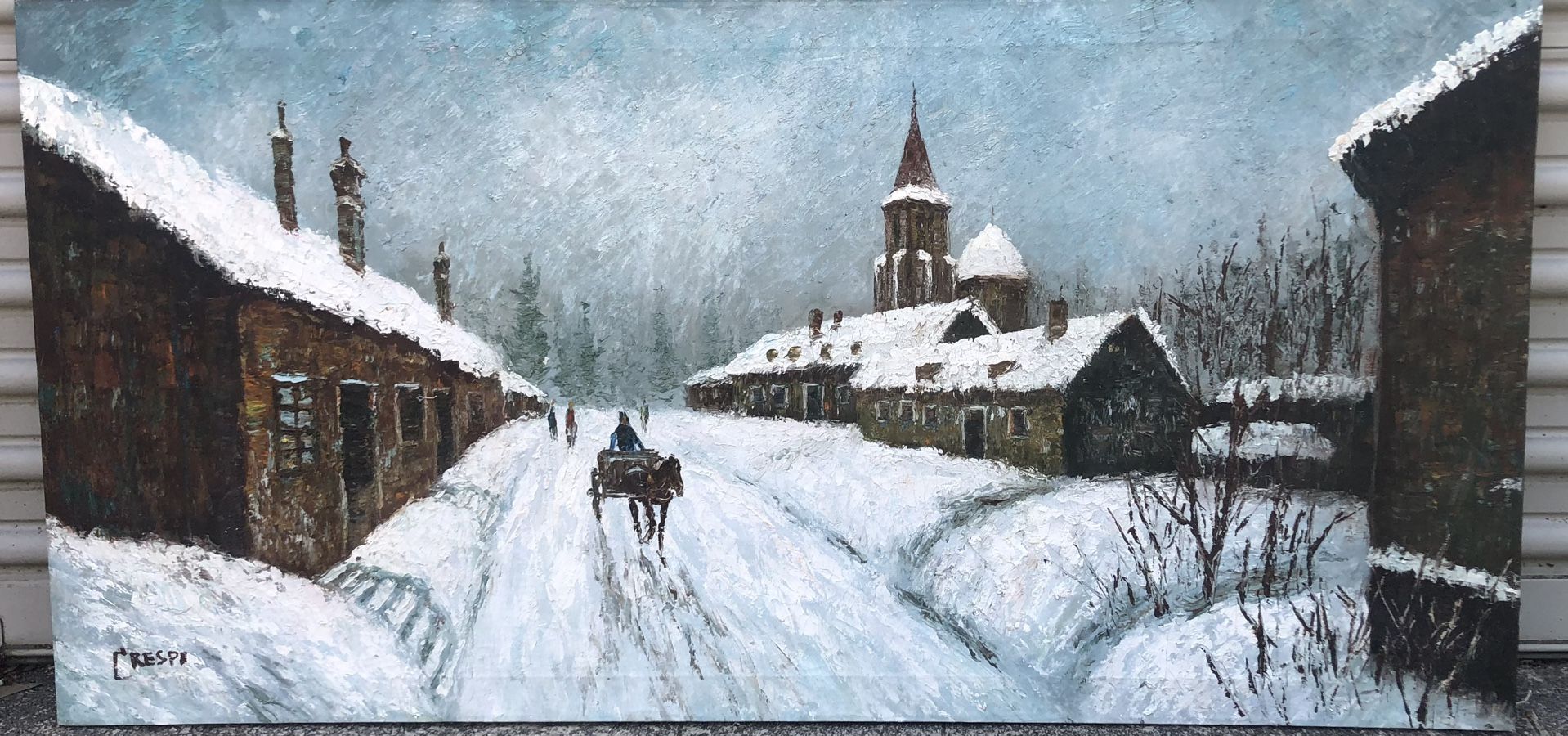 Beautiful Original Vintage/Antique Winter Scene Oil Painting Signed On Canvas 48x24”