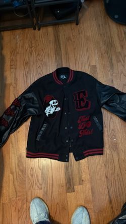 Black & Red Varsity Bomber Jacket w/ Skeleton Patch – “Just Do This” Graphic