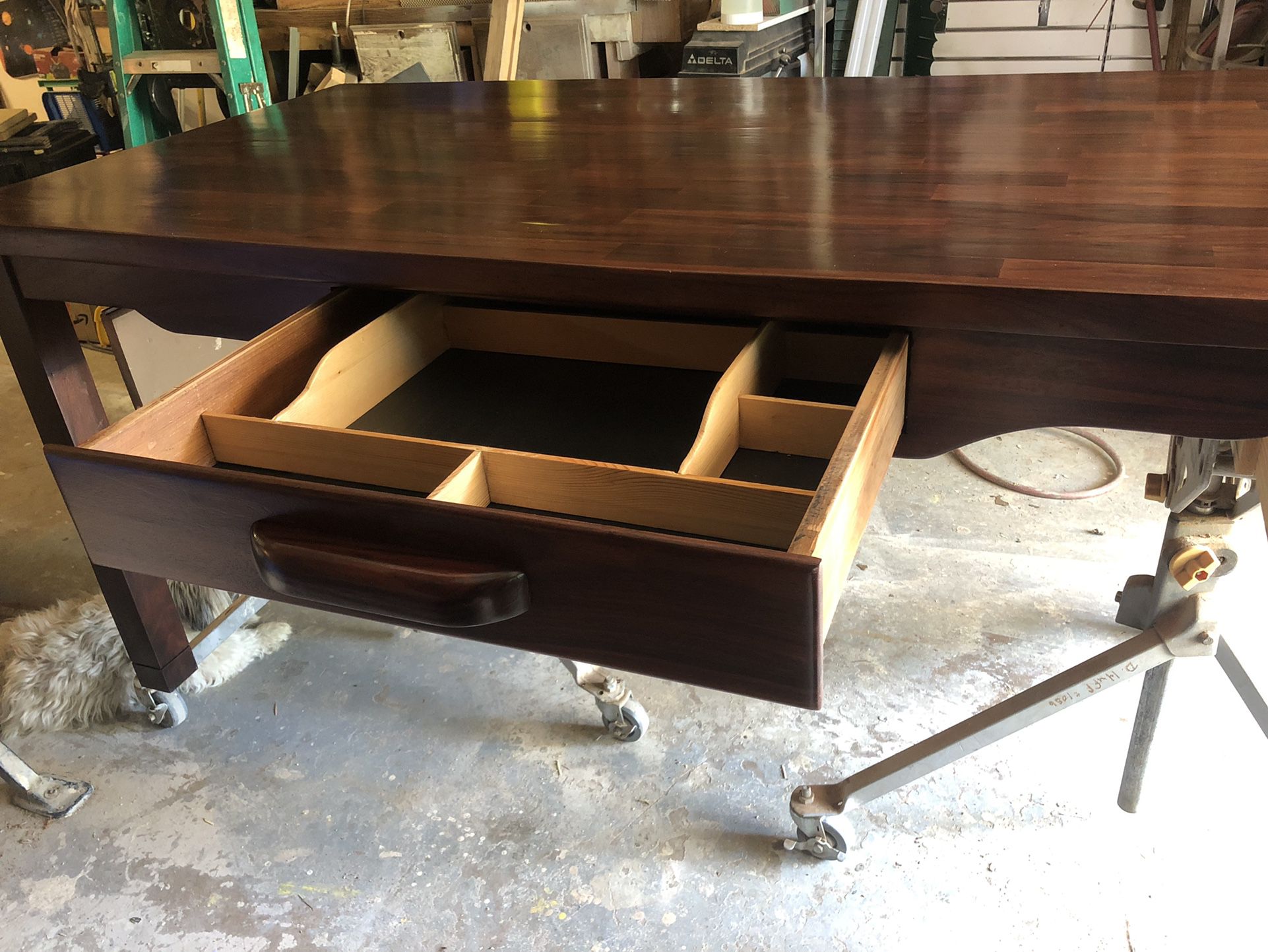 Vintage Solid Walnut Desk 3’x 6’ Top 1- Drawer With Built In Dividers Recently Refinished 