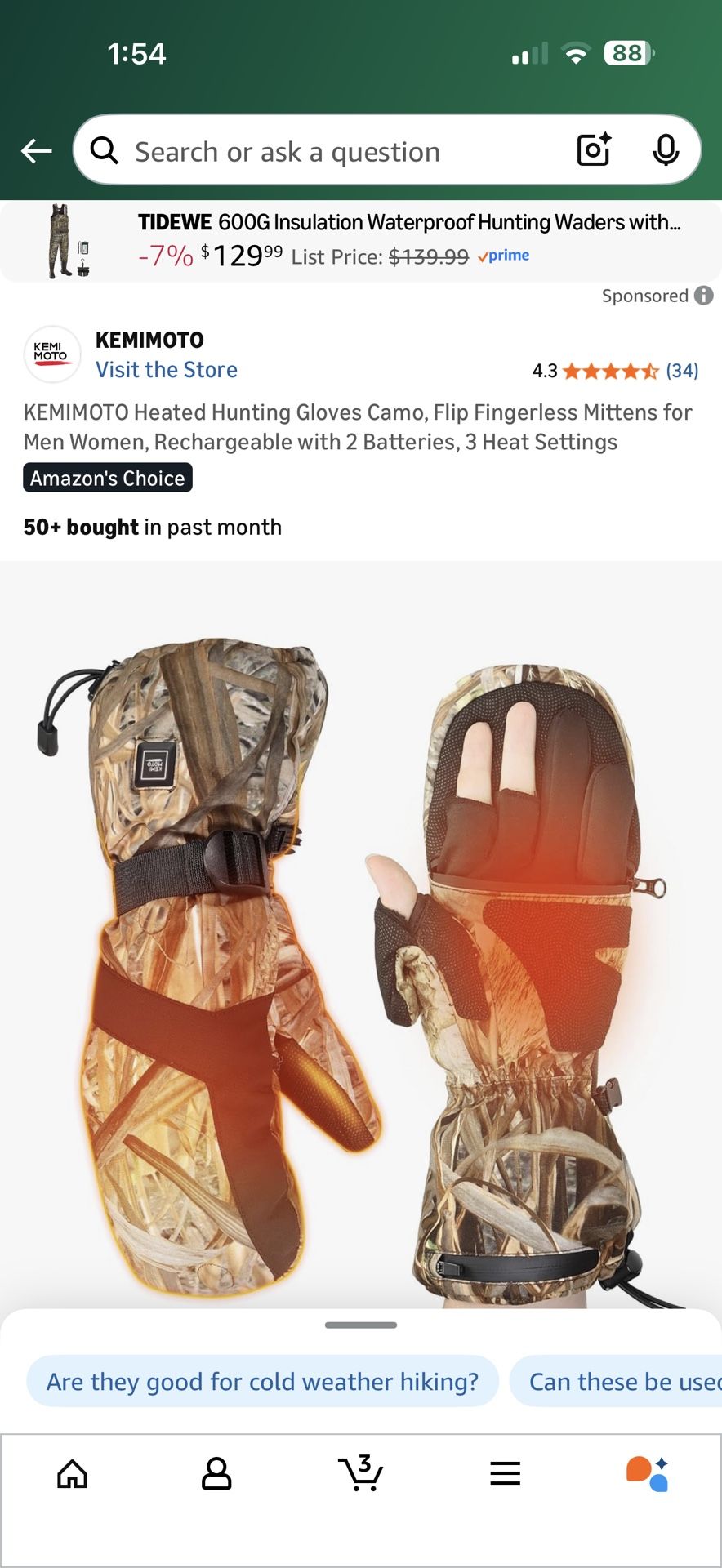 KEMIMOTO Heated Hunting Gloves Camo, Flip Fingerless Mittens for Men Women, Rechargeable with 2 Batteries, 3 Heat Settings