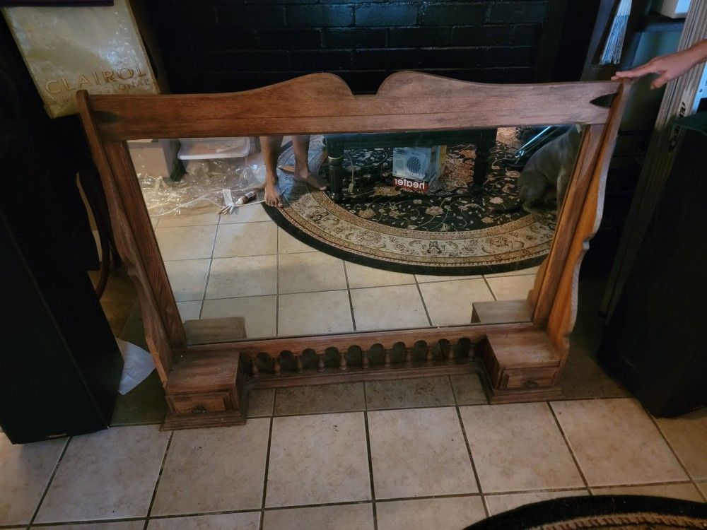Vintage Wooden Mirror with Drawers