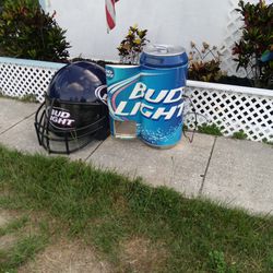 Bud Light Football Helmet And Small Refrigerator That Looks Like Beer Can