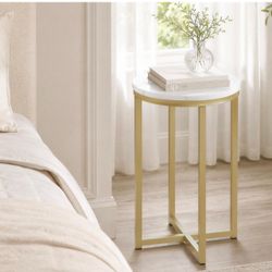Round Faux Marble Top Side Table, Gold Accent Sofa Nightstand
